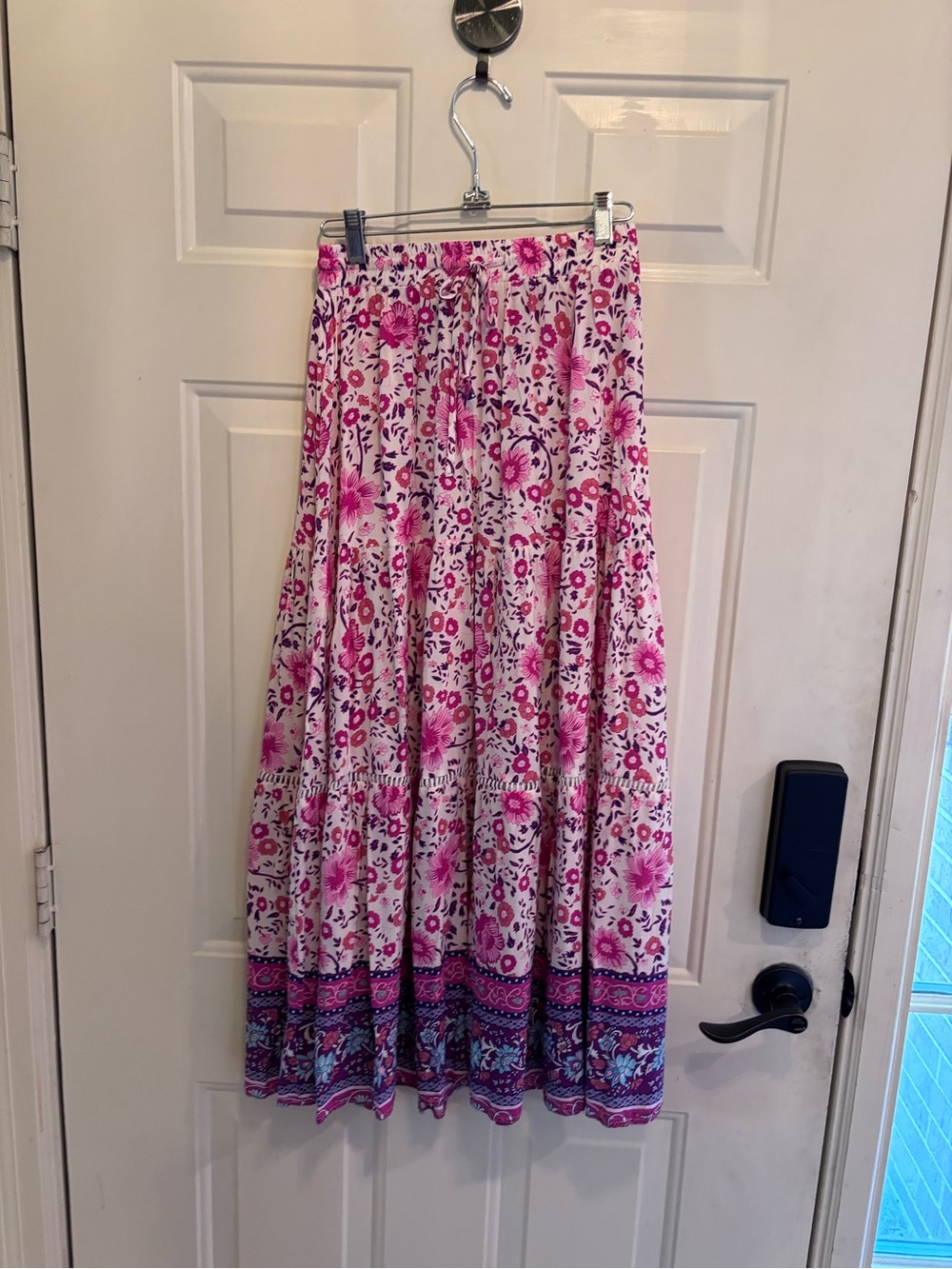Amazon Boho Chic Pink Floral Tiered Maxi Skirt with Purple Border - Picture 4 of 4